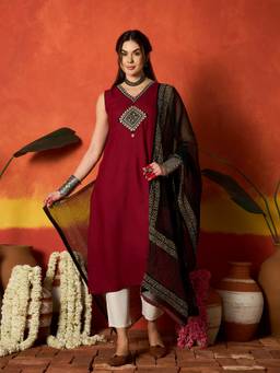 Stylum - Maroon Solid Rayon Kurta and Dupatta
