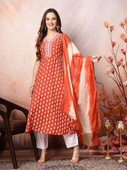 Stylum - Rust Floral Rayon Kurta and Dupatta