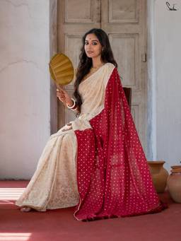 Suta - White Polka Dots Mul Saree
