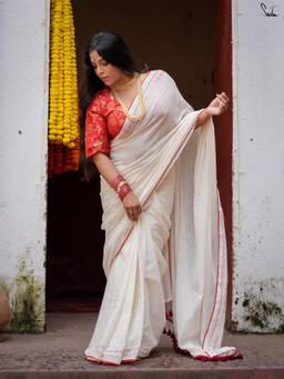 Suta - Off White Polka Dots Mul Saree