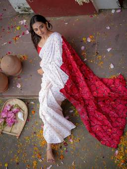 Suta - White Embroidered Mul Saree