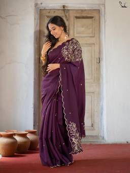 Suta - Purple Embroidered Mul Saree