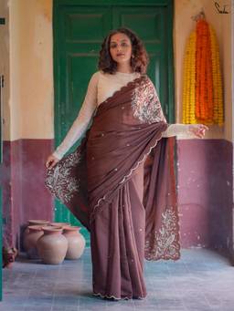 Suta - Brown Embroidered Mul Saree