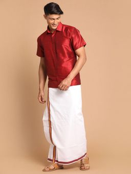 Vastramay - Mens Maroon & White Silk Blend Shirt with Mundu (Set of 2)