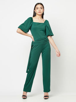 IKI CHIC - Green Puff Sleeves Wide Leg Waisted Jumpsuit
