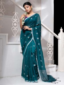 Arhi - Teal Blended Cotton Handwoven Soft Saree with Unstitched Blouse