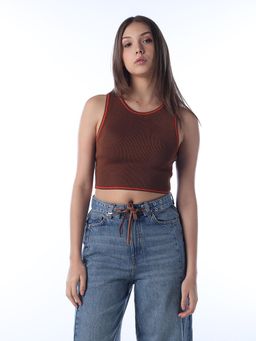 ONLY - Women'S Solid Slim Fit Brown Crop Top