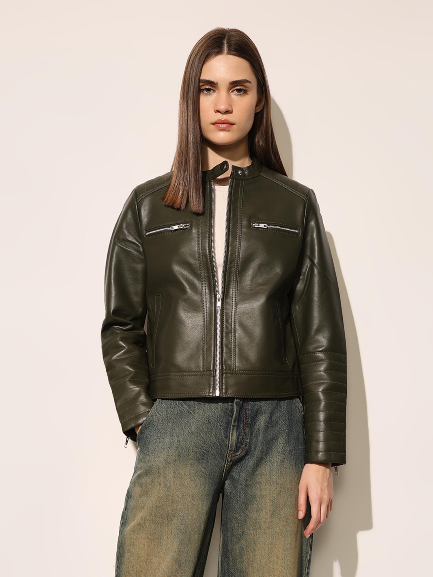 only Women's Solid Regular Fit Green Jacket-picture-39
