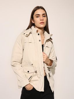 ONLY - Women's Solid Regular Fit Cream Jacket with Detachable Hood