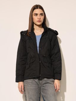 ONLY - Women's Solid Regular Fit Black Jacket with Detachable Hood