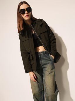 ONLY - Women's Solid Regular Fit Olive Jacket with Detachable Hood