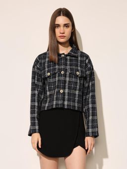 ONLY - Women's Checked Regular Fit Blue Jacket