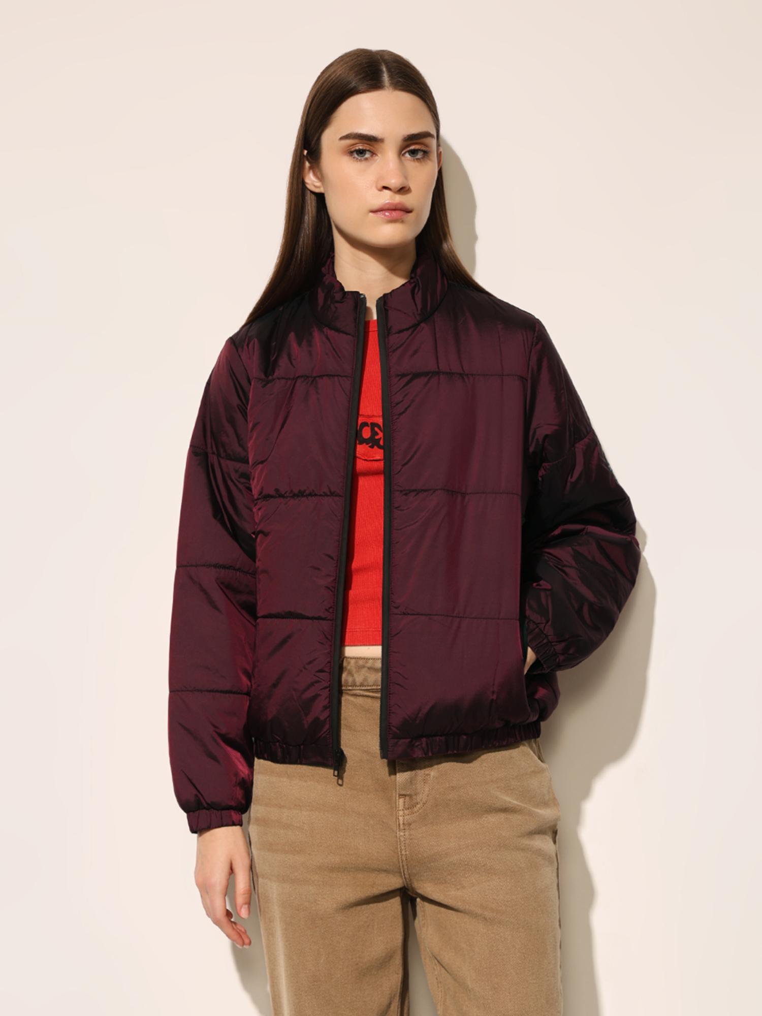 only Women's Solid Regular Fit Maroon Jacket-picture-23