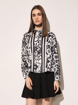 ONLY - Women's Floral Print Regular Fit Black/White Shirt