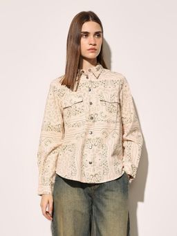 ONLY - Women's Printed Regular Fit Beige Shirt