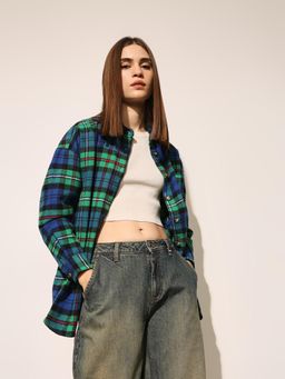 ONLY - Women's Checked Oversized Green Shirt