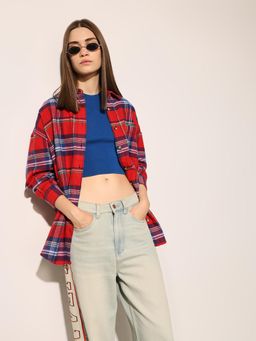 ONLY - Women's Checked Oversized Red Shirt