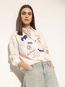 ONLY - Women's Embroidered Regular Fit White Shirt