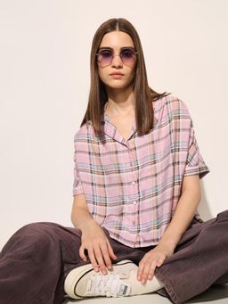 ONLY - Women's Checked Boxy Pink Shirt