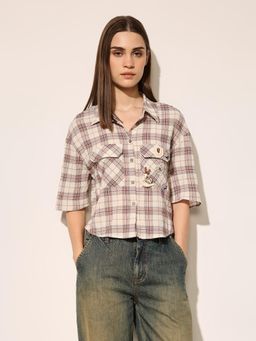ONLY - Women's Checked Boxy Beige Shirt