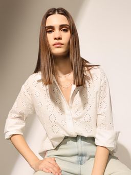 ONLY - Women's Self Design Regular Fit White Shirt