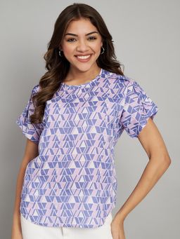 AMAGYAA - Geometric Print Round Neck Cotton Top