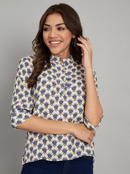 AMAGYAA - Cream Floral Print Mandarin Collar Viscose Top