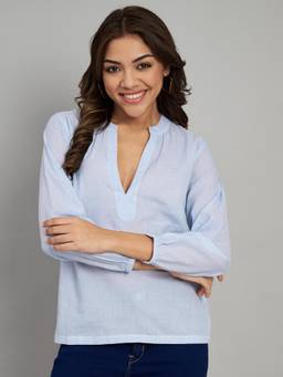 AMAGYAA - Blue Stripe Mandarin Collar Cotton Top
