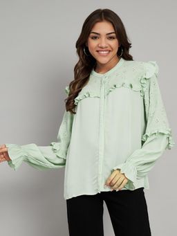 AMAGYAA - Light Green Mandarin Collar Moss Crepe Shirt Style Top