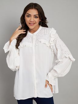 AMAGYAA - White Mandarin Collar Moss Crepe Shirt Style Top