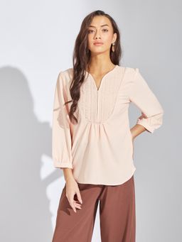 Latin Quarters - Women Peach V-Neck 3/4 Sleeves Casual Top