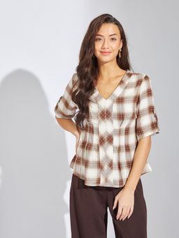 Latin Quarters - Women Brown V-Neck Half Sleeves Casual Top