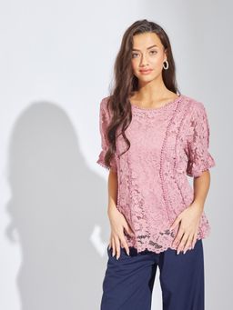 Latin Quarters - Women Pink Round Neck Half Sleeves Casual Top