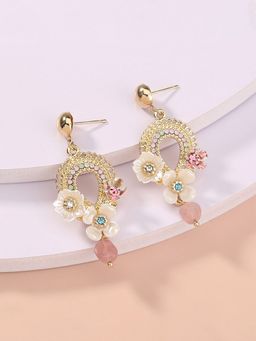 Yellow Chimes - White and Pink Gold-Plated Crystals Studded Contemporary Drop Earrings