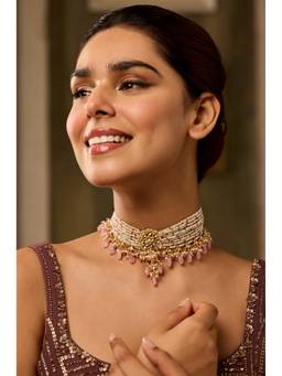 Paisley Pop - 22 k Gold plated Pink Kundan Necklace