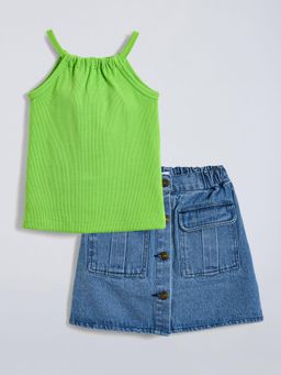 Hopscotch - Girls Green and Blue Solid Blouse and Skirt Set