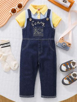Hopscotch - 2-Piece Text Embroidered Polo T-Shirt and Dungaree