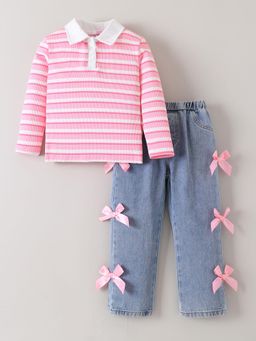 Hopscotch - Striped Bow Applique Jeans Set