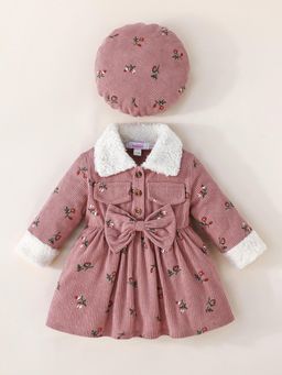 Hopscotch - Floral Fur Trim Corduroy Dress