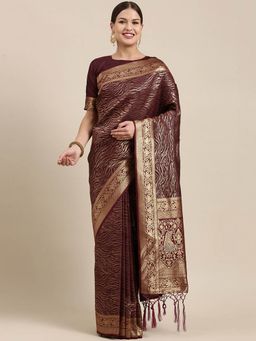 Sareemall - Womens Kanjeevaram Silk Burgundy Woven Design Designer Saree with Unstitched Blouse