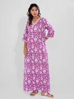 FEATHERS CLOSET - Taffy Pink Printed Pure Cotton V-Neck Night Maxi