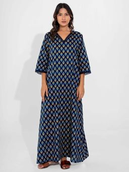 FEATHERS CLOSET - Blue Buti Pure Cotton V-Neck Night Maxi