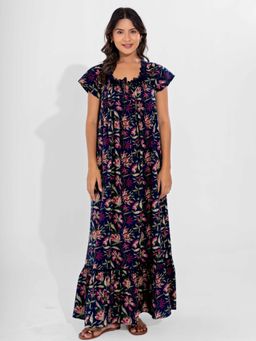 FEATHERS CLOSET - Blue Jaal Pure Cotton Tie-Up Square Neck Night Maxi