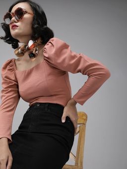 RARE - Women Casual Peach Colour Square Neck Self Design Print Regular Top