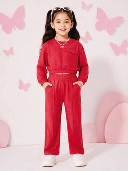 KiddoPanti - Girls Fleece Solid Co-ord Set-Red