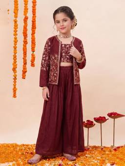 FASHION DREAM - Girls Maroon Embroidered Crop Top and Palazzo with Jacket