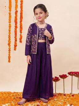 FASHION DREAM - Girls Dark Violet Embroidered Crop Top and Palazzo with Jacket