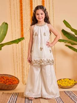 FASHION DREAM - Girls White Bead Embroidered Work Kurta and Palazzo