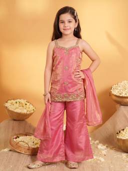 FASHION DREAM - Girls Pink Floral Embroidered Kurta and Palazzo with Dupatta