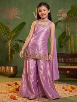 FASHION DREAM - Girls Purple Embroidered Kurta and Palazzo with Dupatta